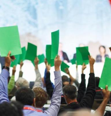 FSC member voting in a room with green and red papers