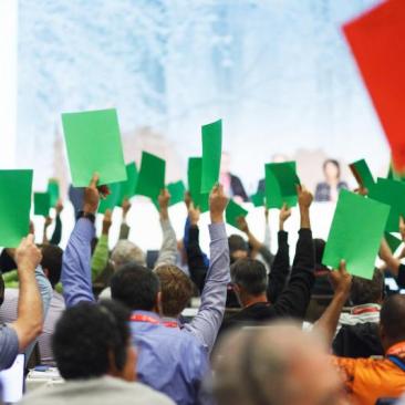 FSC member voting in a room with green and red papers